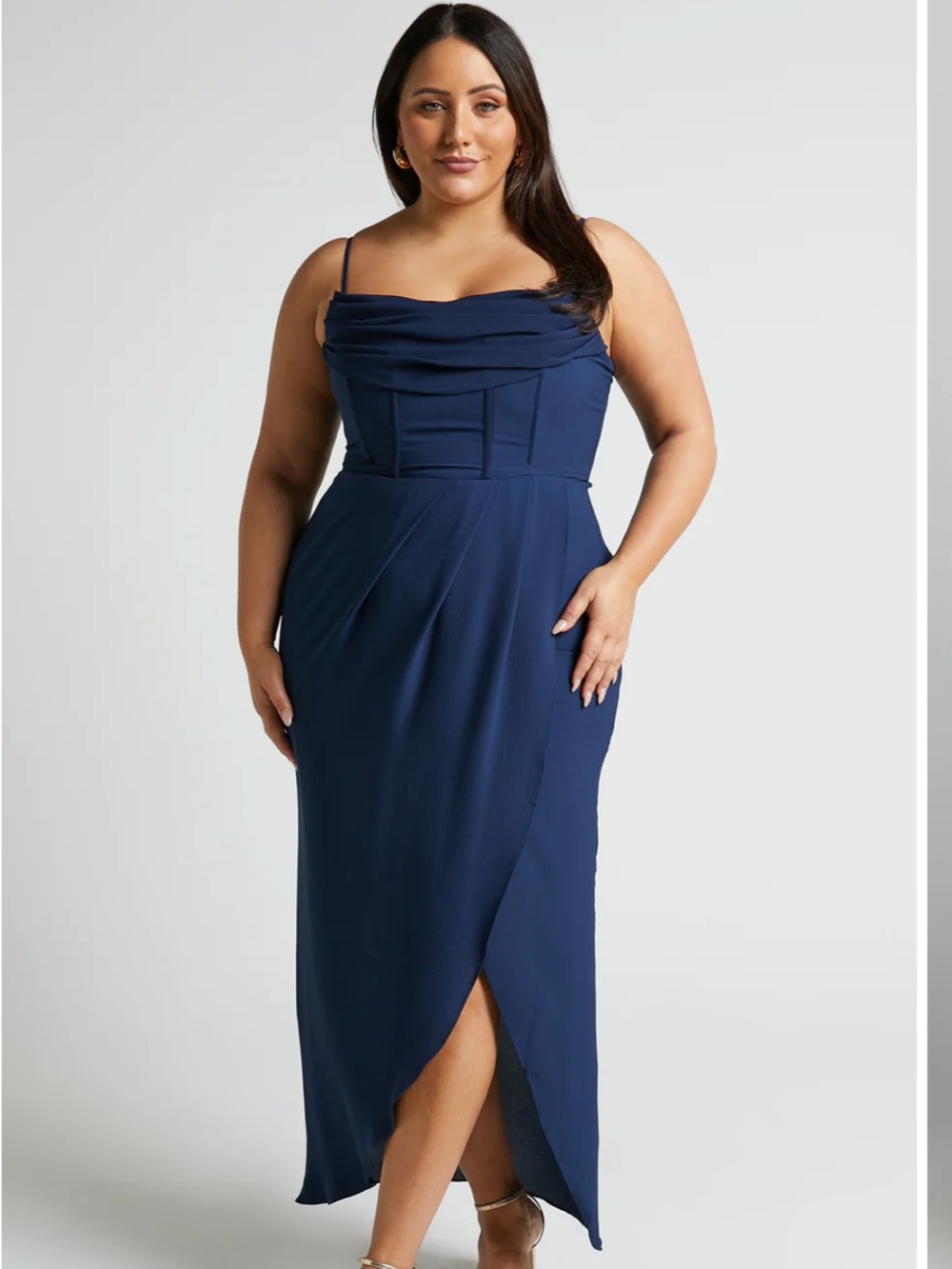 NWT Andrina Midi Dress High Low Wrap Corset Dress in Navy Size 14